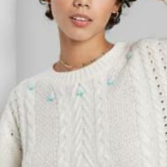 Wild Fable Cream Cropped Cable Embroidered Crew Neck Long Sleeved Sweater NWT 3X - Picture 4 of 4